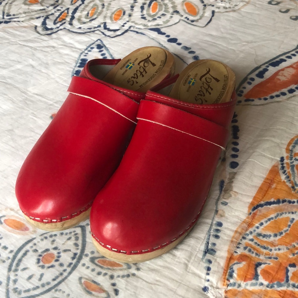 Red leather clogs